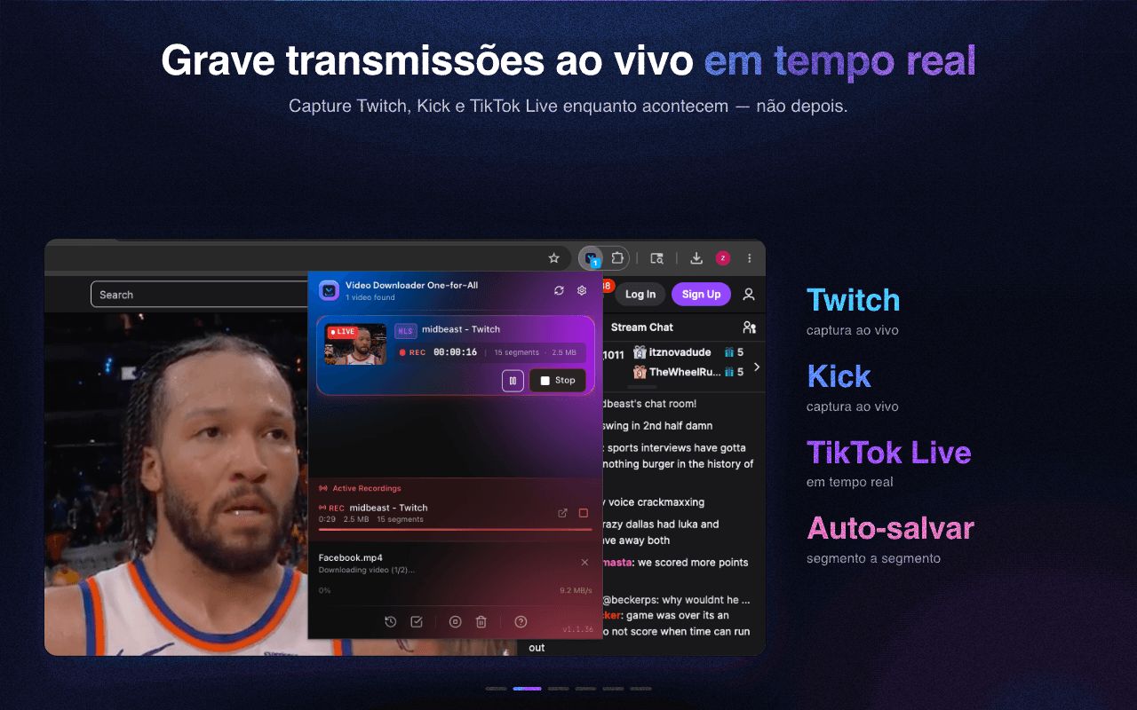 Grave transmissões ao vivo em tempo real, segmento por segmento