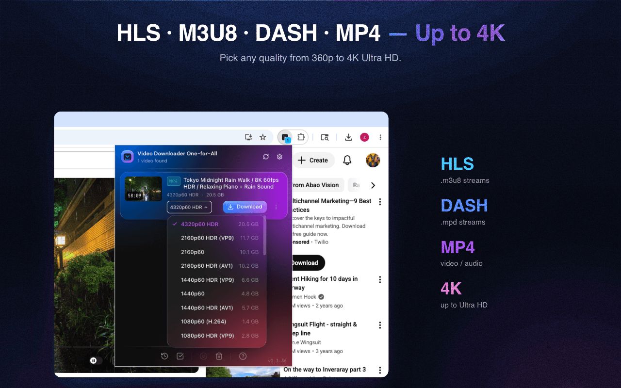Save HLS, DASH and MP4 in any quality up to 4K