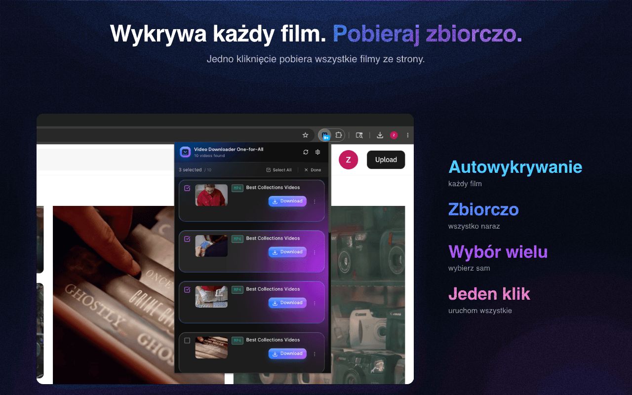 Automatycznie wykrywaj każdy film na stronie i pobieraj wsadowo