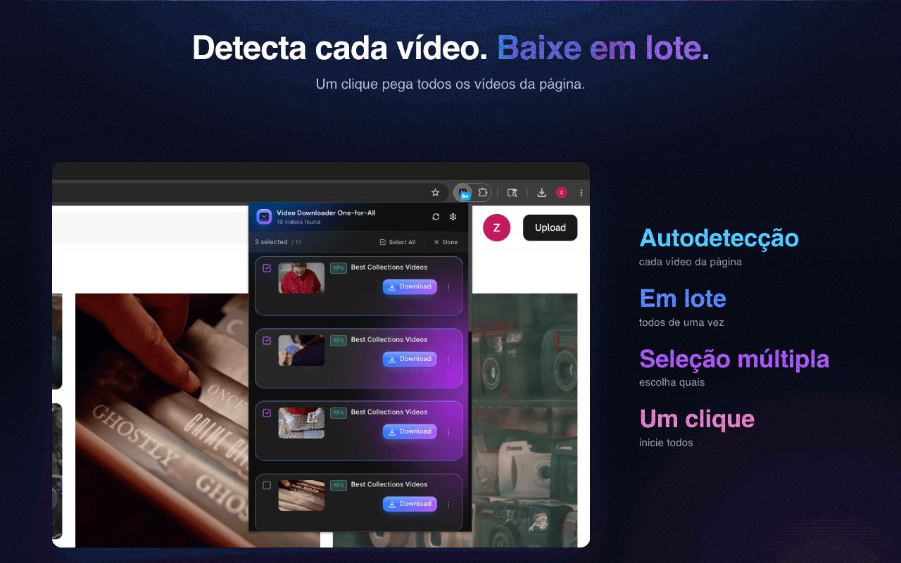 Detecte automaticamente cada vídeo de uma página e baixe em lote