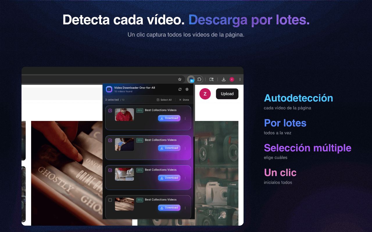 Detecta automáticamente cada vídeo de una página y descarga en lote