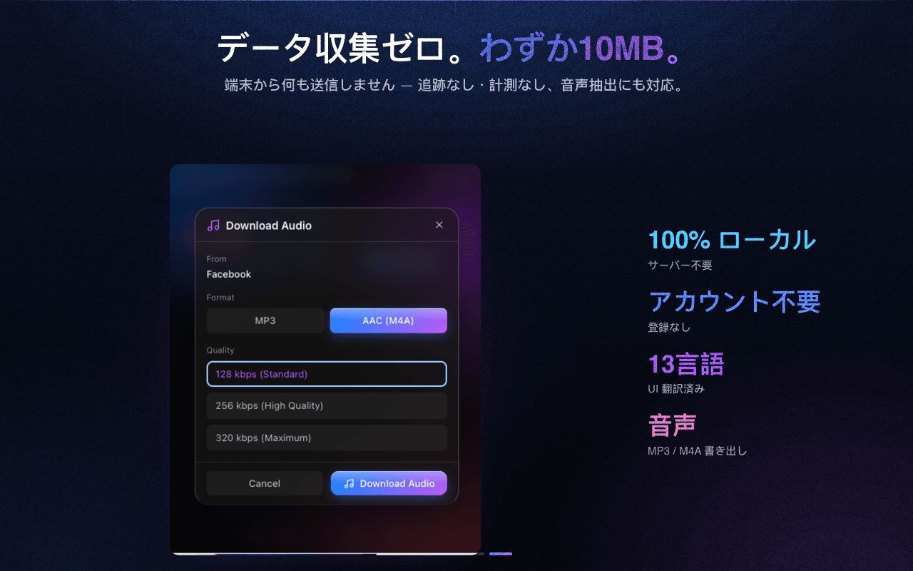 プライベートで軽量——データ収集なし、音声抽出を内蔵