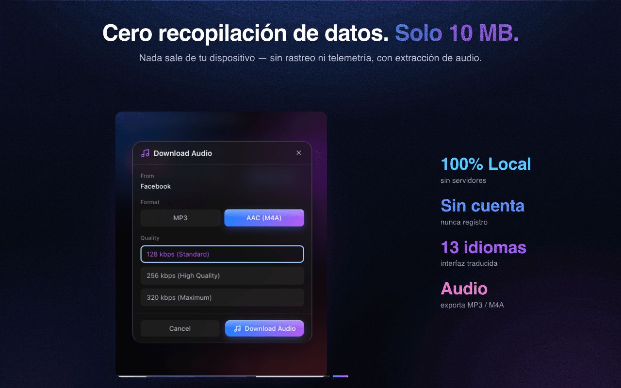 Privado y ligero — sin recopilación de datos, extracción de audio integrada