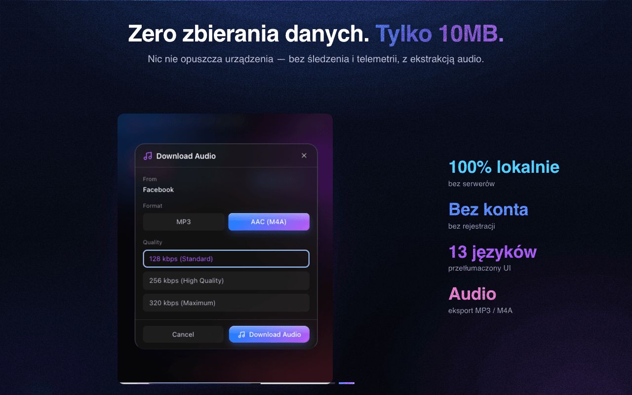 Prywatny i lekki — bez zbierania danych, wbudowane wyodrębnianie dźwięku