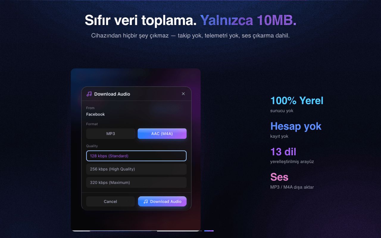 Gizli ve hafif — veri toplama yok, ses çıkarma yerleşik