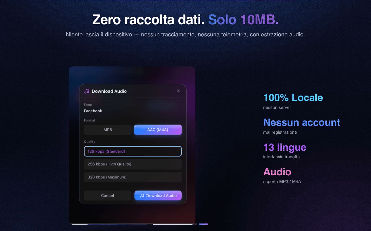 Privato e leggero — nessuna raccolta di dati, estrazione dell’audio integrata