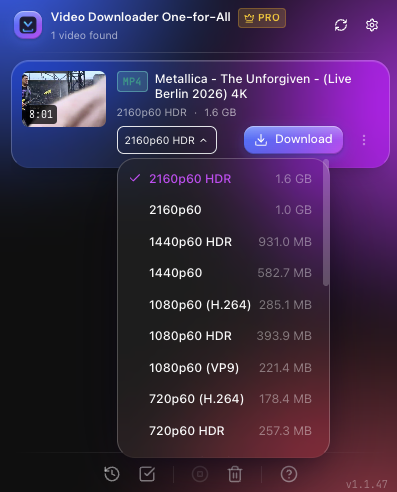 Video Downloader One-for-All popup: a detected 4K video with a quality picker (2160p60 HDR down to 720p) and a Download button