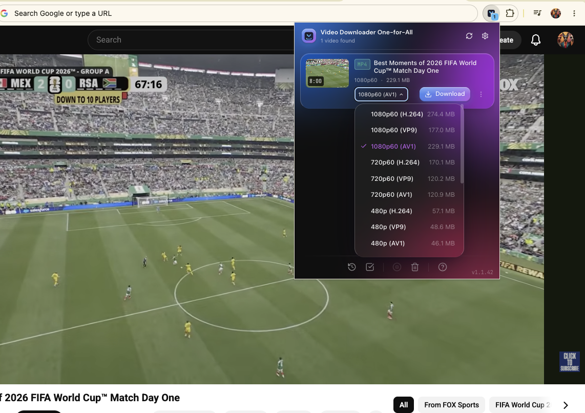Video Downloader One-for-All popup open over a World Cup match-day highlights video, showing download quality options