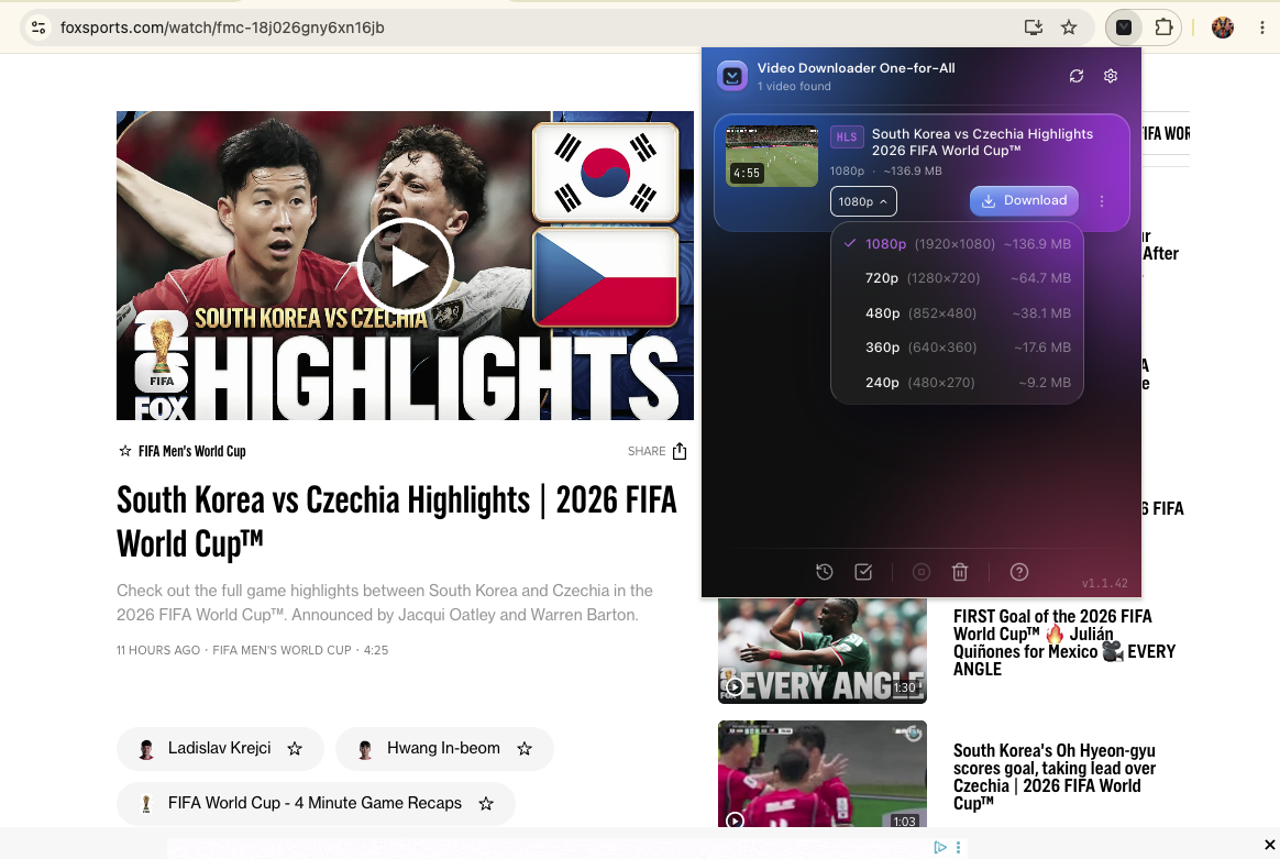 Extension popup on a World Cup highlights video page listing available download qualities from 1080p to 4K