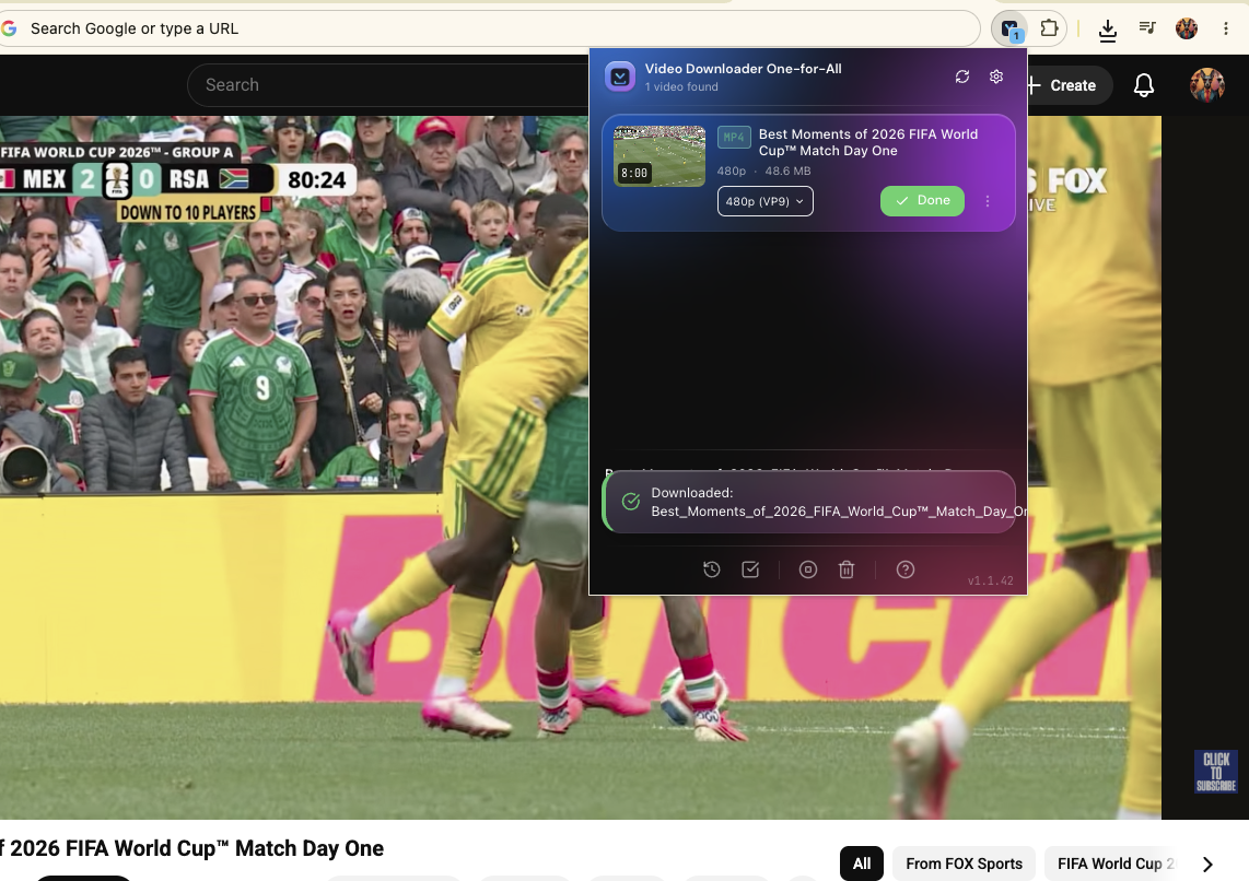 Extension saving a World Cup match-day highlights clip as an MP4 file named Best Moments of the 2026 World Cup
